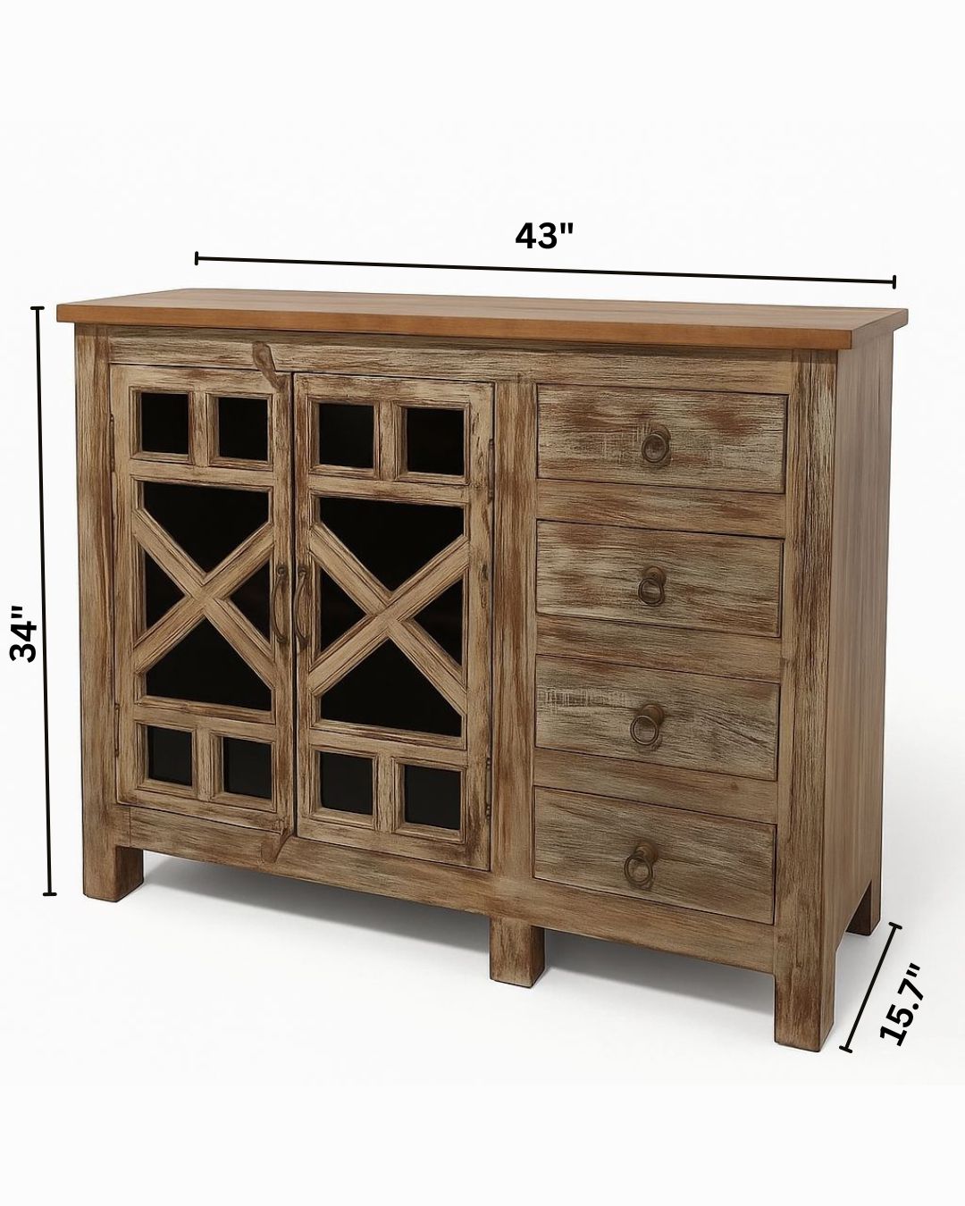 Rustic Charm Cabinet in Solid Teak wood Glass Doors Drawer Storage by INDUSCRAFT
