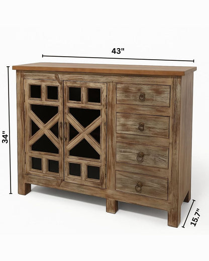 Rustic Charm Cabinet in Solid Teak wood Glass Doors Drawer Storage by INDUSCRAFT