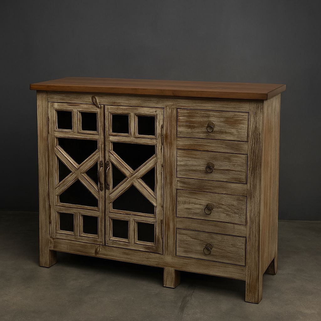 Rustic Charm Cabinet in Solid Teak wood Glass Doors Drawer Storage by INDUSCRAFT