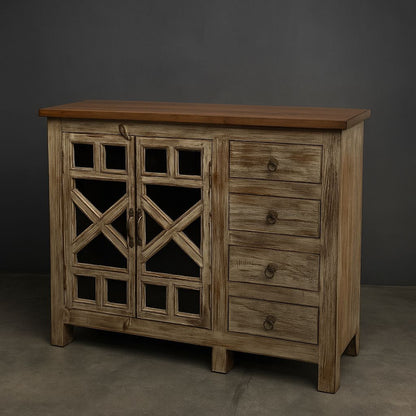 Rustic Charm Cabinet in Solid Teak wood Glass Doors Drawer Storage by INDUSCRAFT