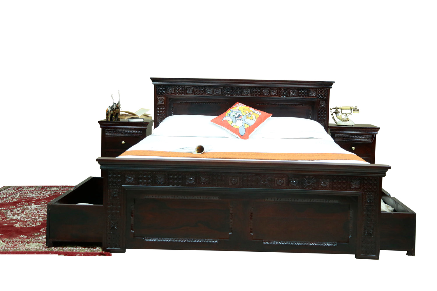 Carving Bed with Traditional Block Print by Induscraft of Solid Sheesham Wood with Hydraulic Storage