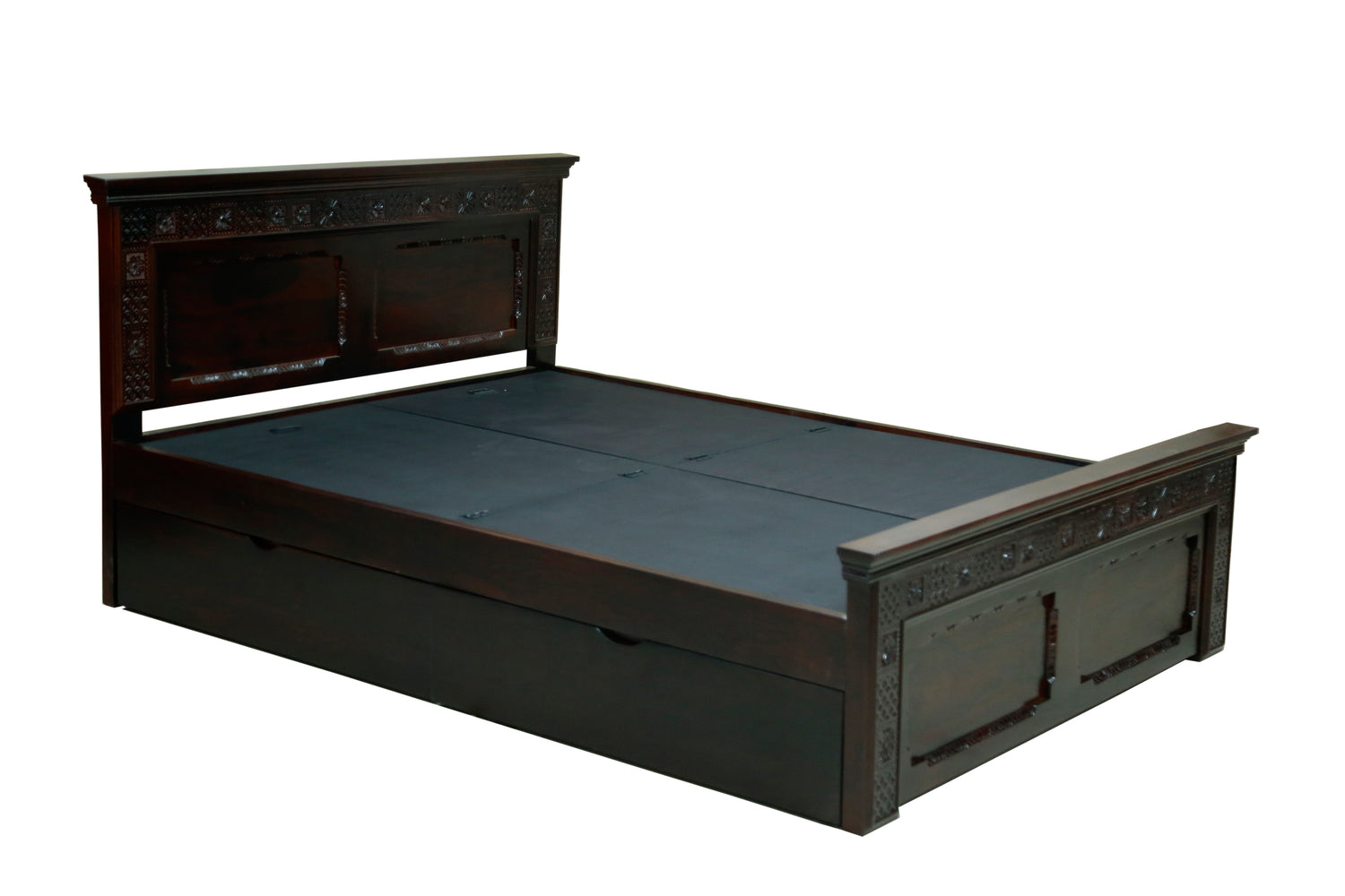 Carving Bed with Traditional Block Print by Induscraft of Solid Sheesham Wood with Hydraulic Storage