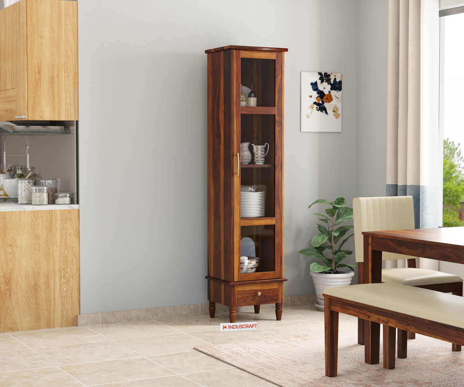 Tura Display Single door cabinet Solid Sheesham Wood with Glass Door by Induscraft