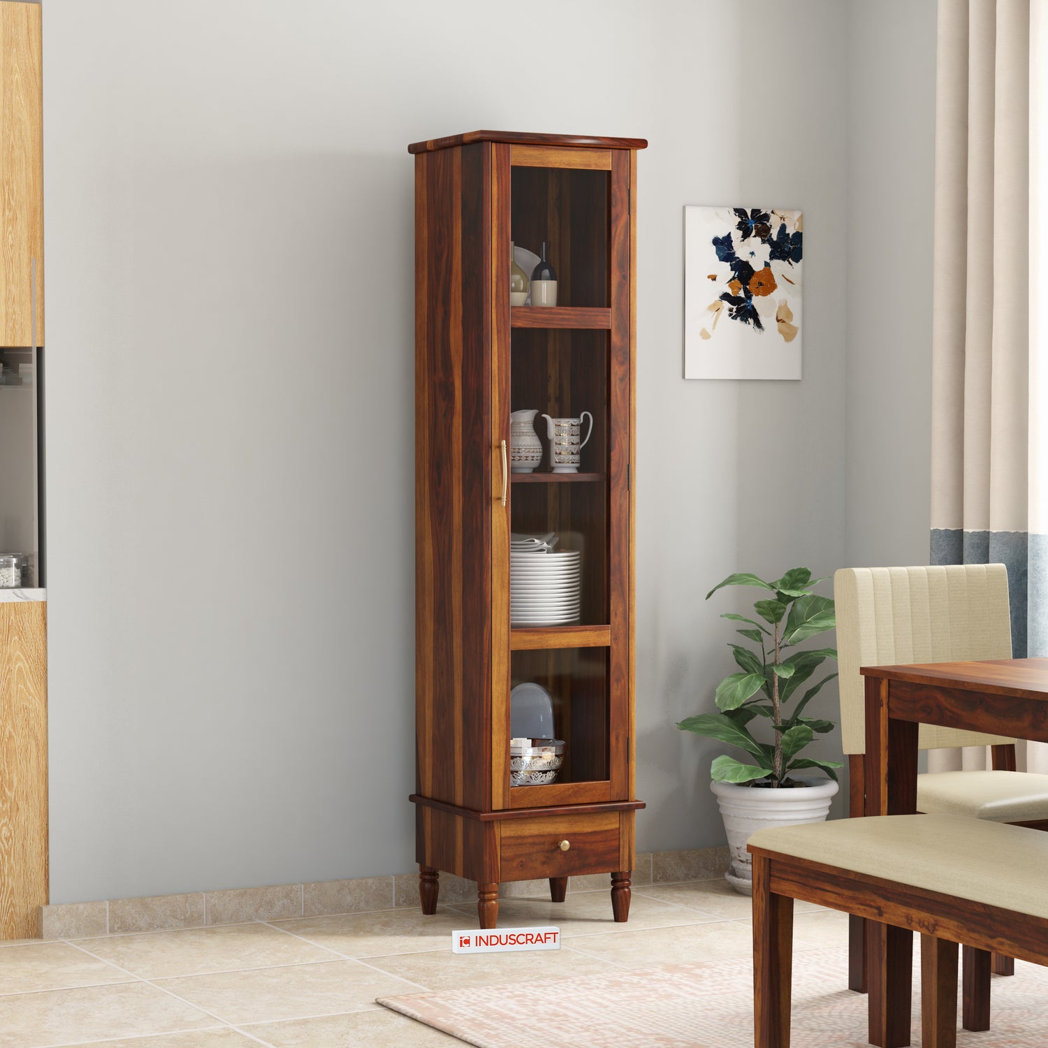 Tura Display Single door cabinet Solid Sheesham Wood with Glass Door by Induscraft