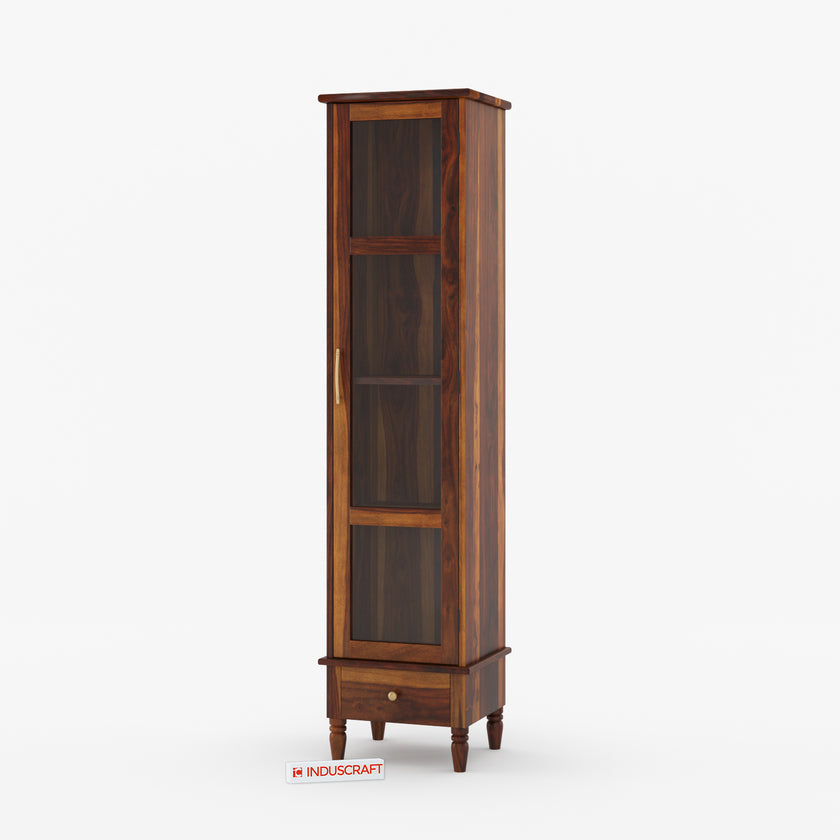 Sheesham Tall Slim Glass Door Display Cabinet with Drawer