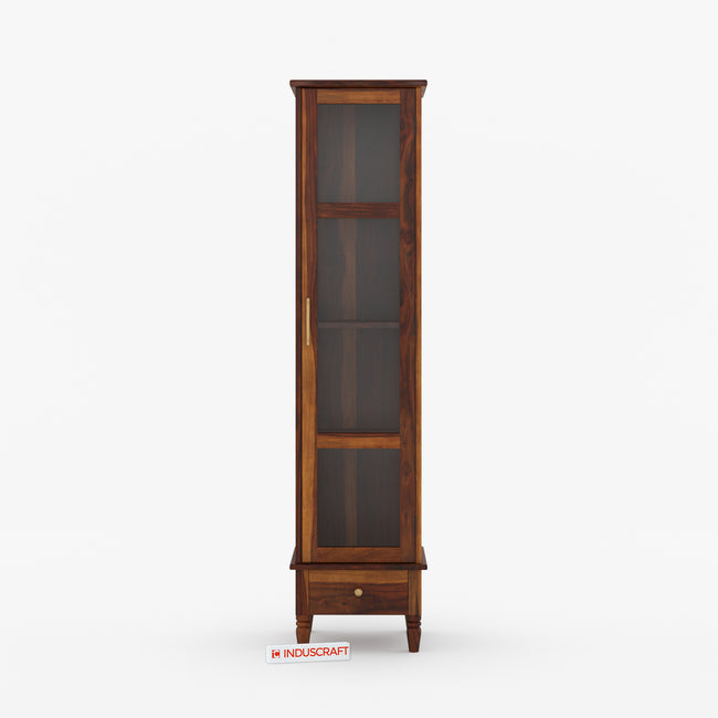 Wooden display cabinet with glass doors on a white background, featuring the Induscraft brand.