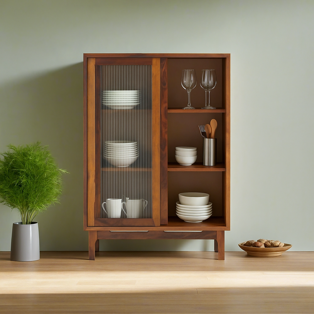 Verona Sheesham Glass Cabinet with Fluted Sliding Doors By Induscraft - Induscraft