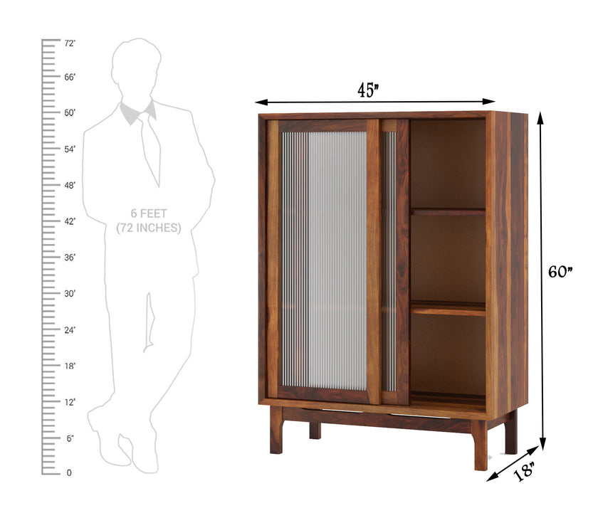 Verona Sheesham Glass Cabinet with Fluted Sliding Doors By Induscraft - Induscraft