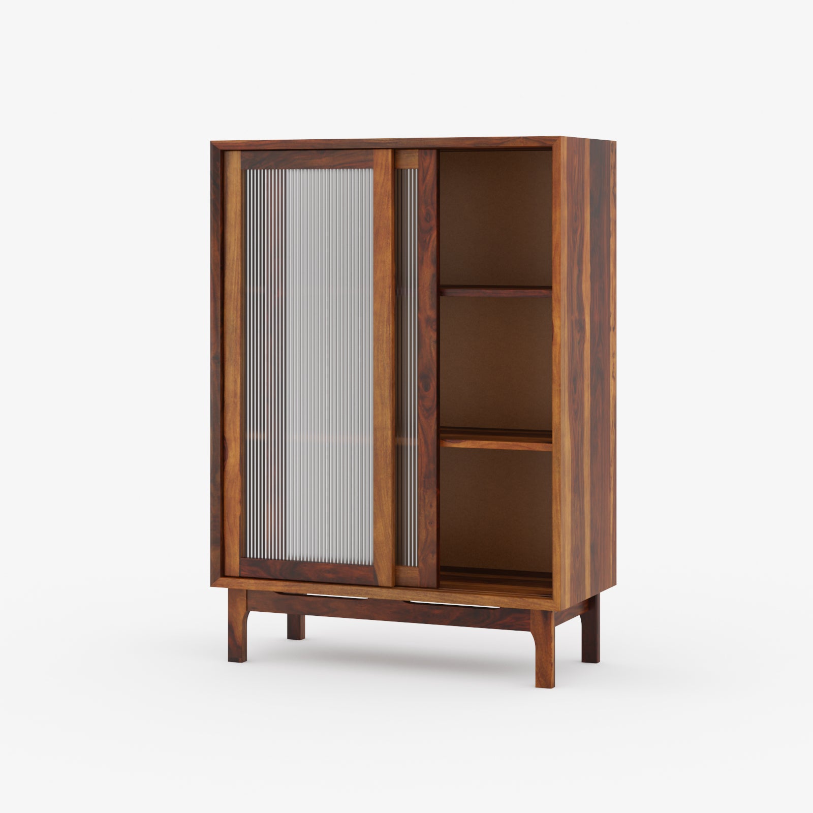 Verona Sheesham Glass Cabinet with Fluted Sliding Doors By Induscraft - Induscraft