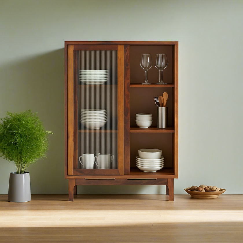 Verona Sheesham Glass Cabinet with Fluted Sliding Doors By Induscraft - Induscraft