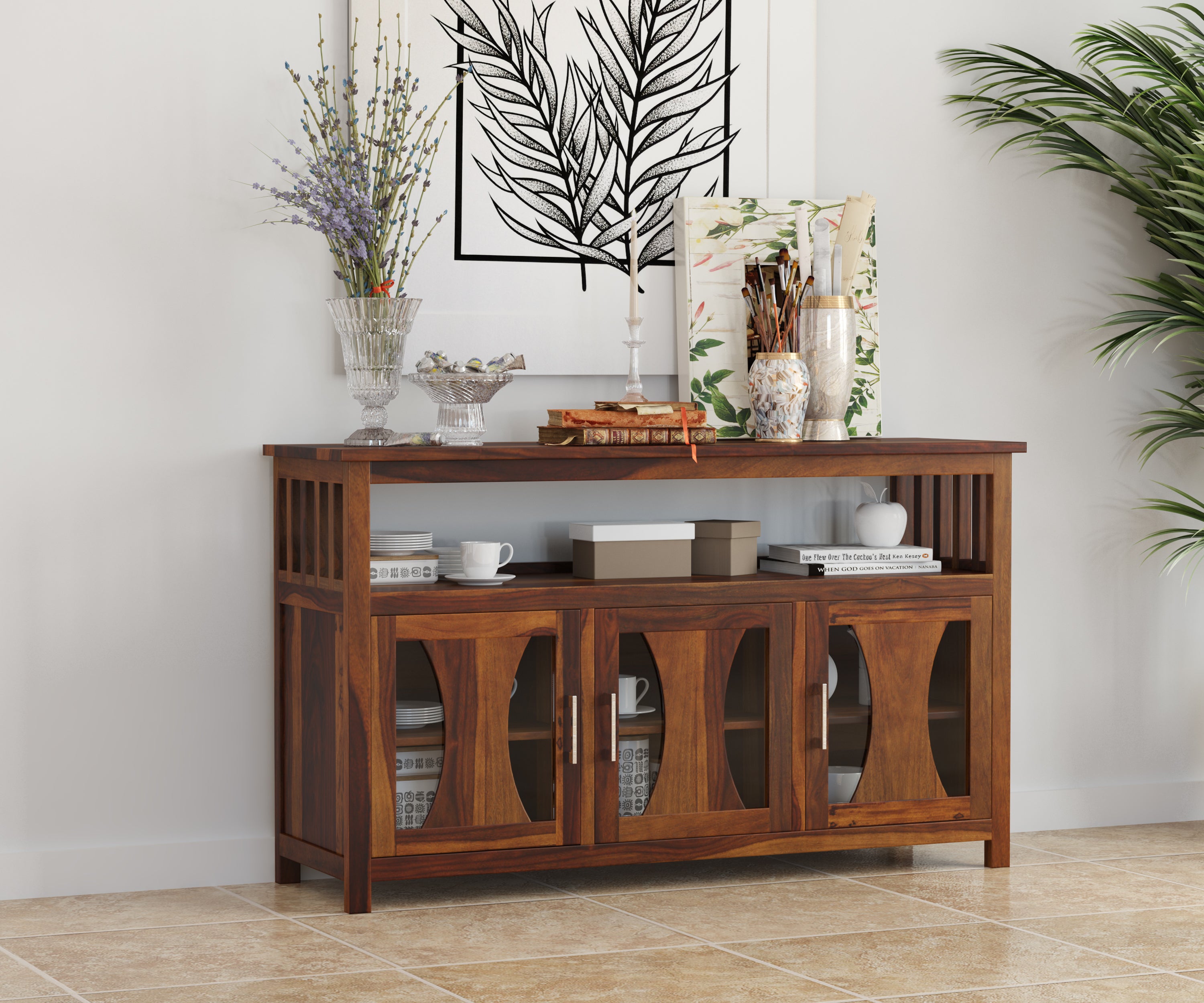 Yeshua Sheesham Contemporary 3 Glass Door Sideboard with Open Shelf - Induscraft