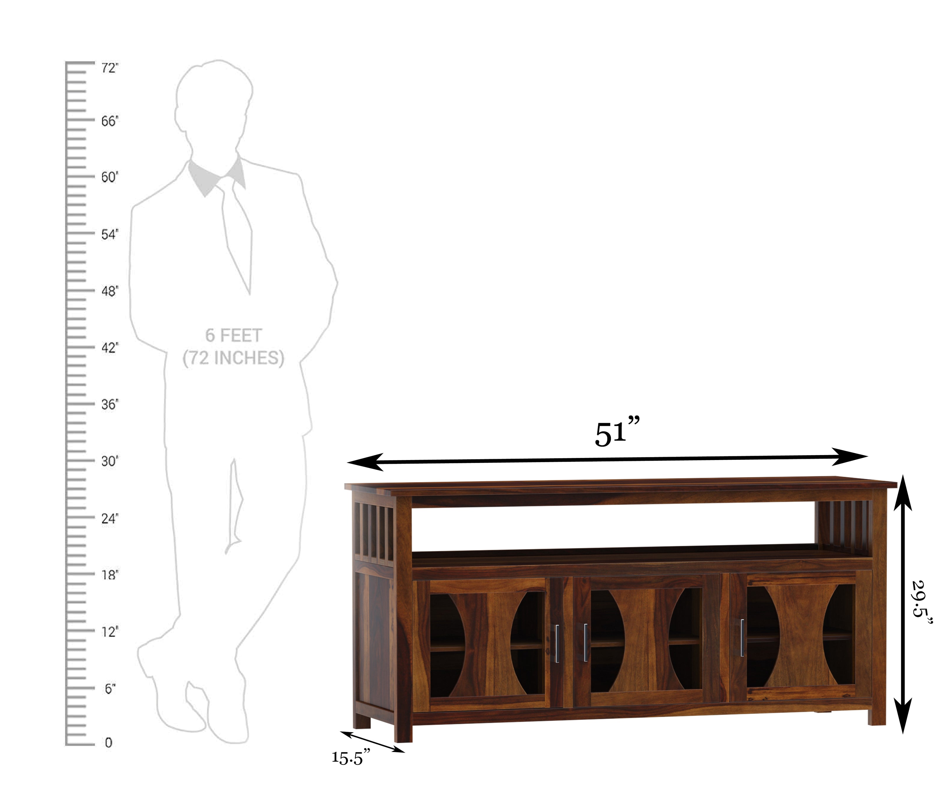 Wooden console table with dimensions labeled and a silhouette of a person for scale.