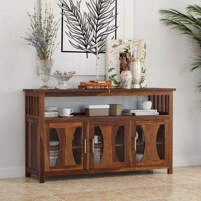 Yeshua Sheesham Contemporary 3 Glass Door Sideboard with Open Shelf