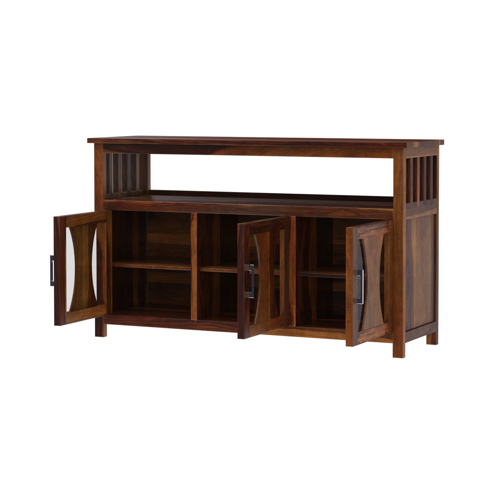 Yeshua Sheesham Contemporary 3 Glass Door Sideboard Open View, in a white background.