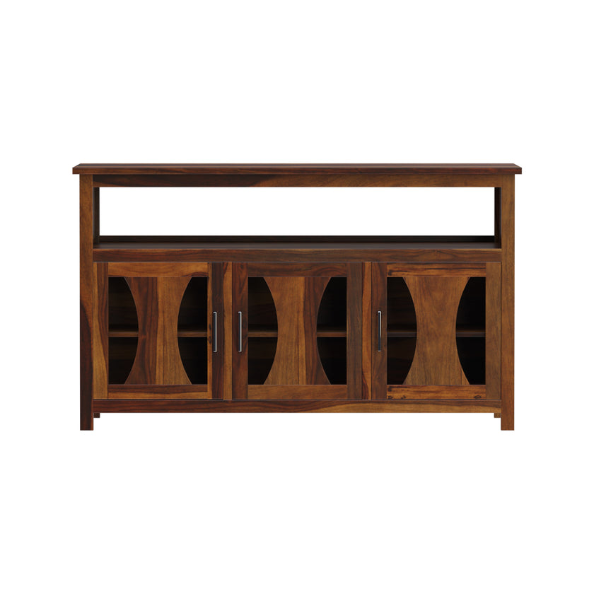 Yeshua Sheesham Contemporary 3 Glass Door Sideboard with Open Shelf - Induscraft