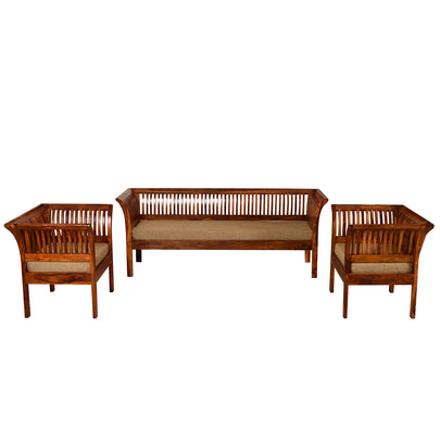 A set of three Fabina sofa units made of solid Sheesham wood with foam-cushioned seating, arranged in a right-hand configuration with an empty space in the center, indicating a 3-2-1 layout.