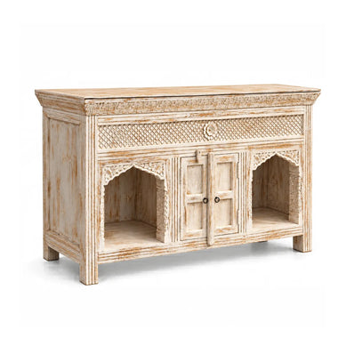 Jaalora carved wooden sideboard cabinet with jali panel, two arched open niches and centre double doors