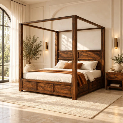 Julie Sheesham Wood Modern Canopy Bed with Panel Headboard