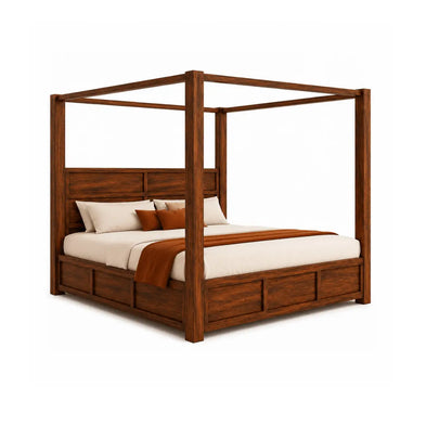 Julie Sheesham Wood Modern Canopy Bed with Panel Headboard