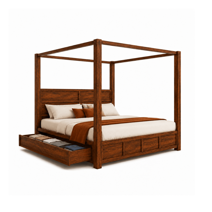 Julie Sheesham Wood Modern Canopy Bed with Panel Headboard