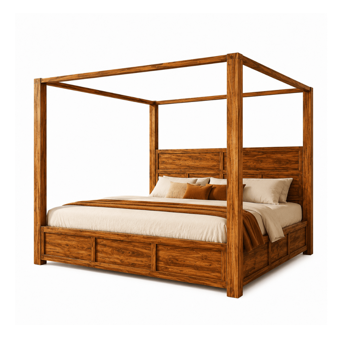 Julie Sheesham Wood Modern Canopy Bed with Panel Headboard
