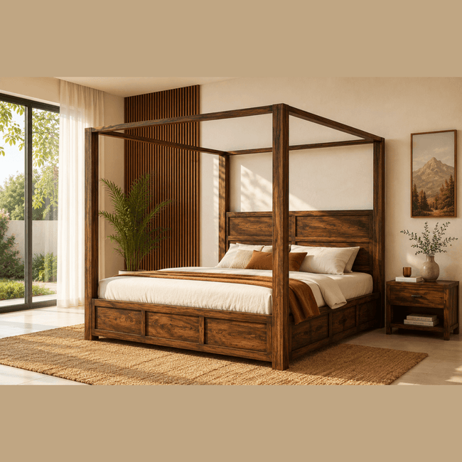 Julie Sheesham Wood Modern Canopy Bed with Panel Headboard