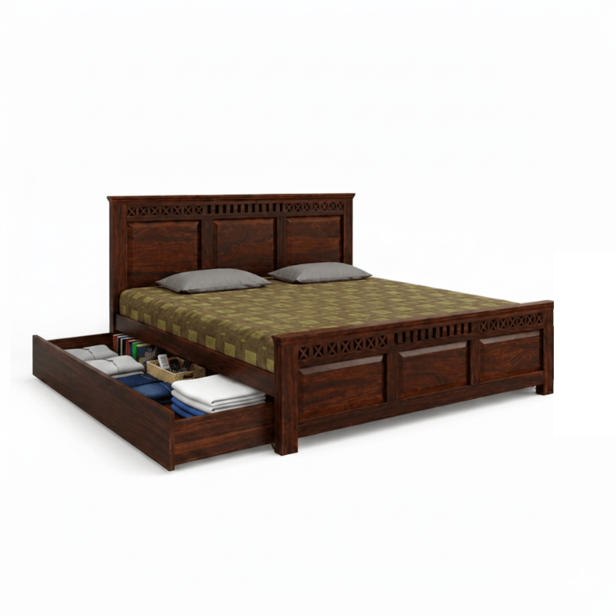 Karya Solid Sheesham Wood Bed with Designer Headboard