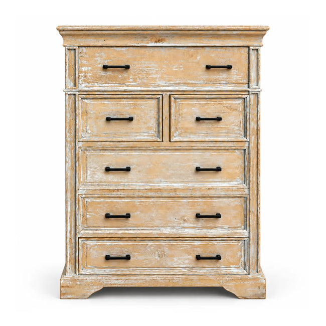 Front view of Kesara 6 drawer chest of drawers with raised panel drawer fronts and moulded crown
