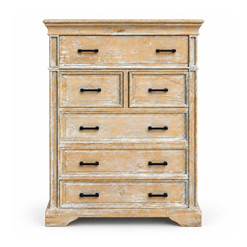 Front view of Kesara 6 drawer chest of drawers with raised panel drawer fronts and moulded crown