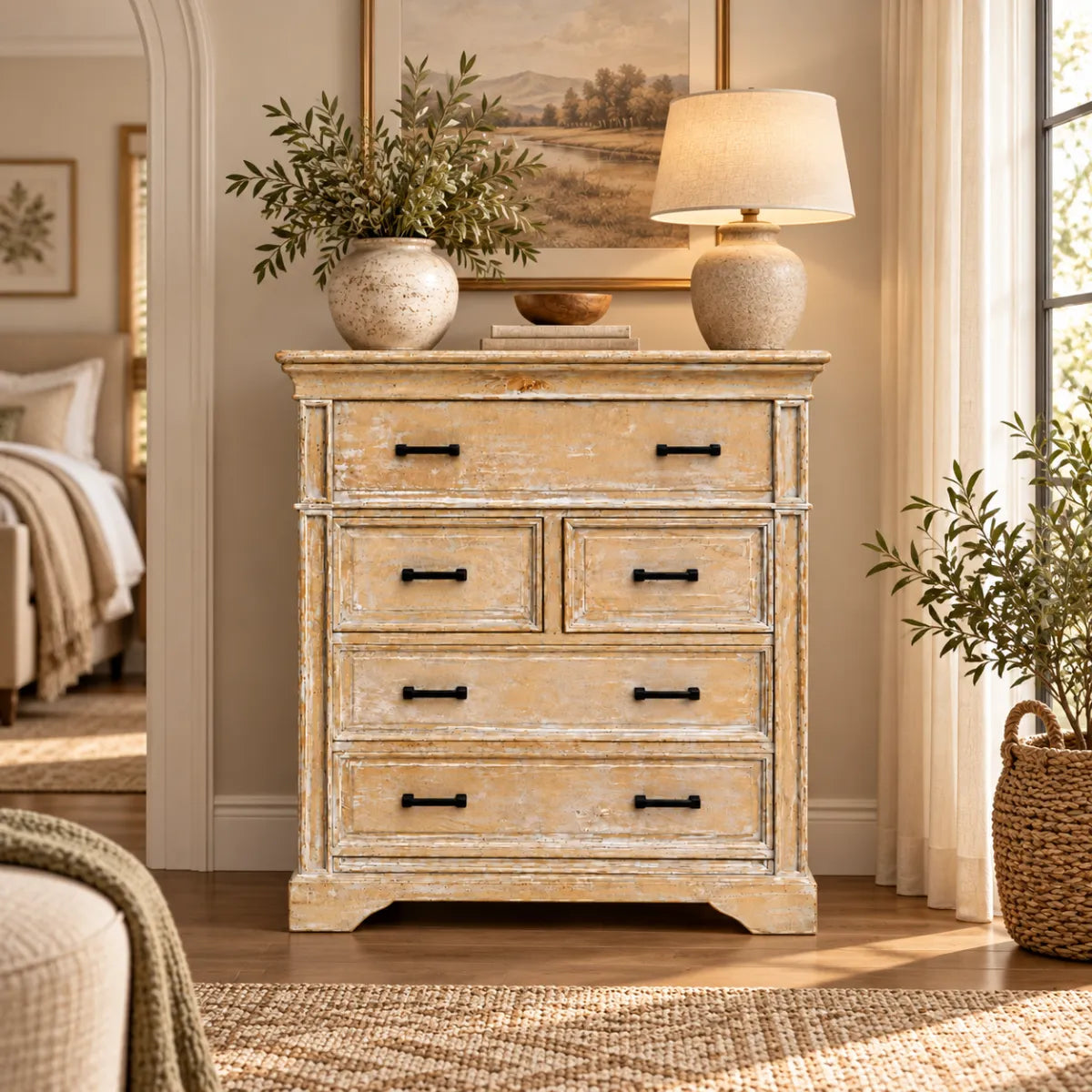 Kesara distressed wooden chest of drawers styled in a bedroom with a table lamp and vase on top