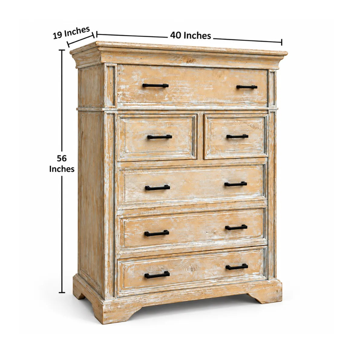 Kesara chest of drawers dimensions 40 inches wide, 19 inches deep and 56 inches tall