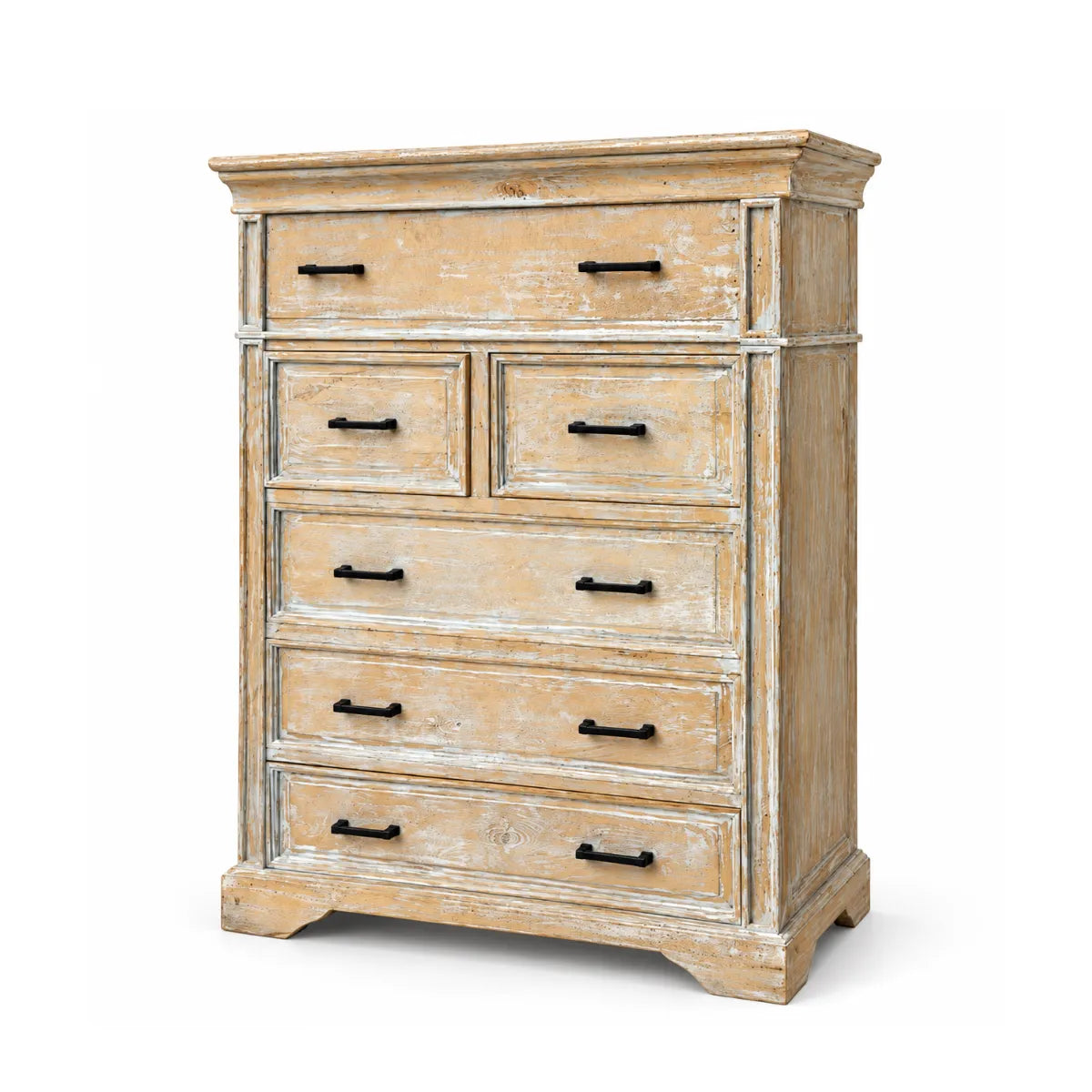 Side angle of Kesara tall wooden chest of drawers showing corner pilasters and shaped plinth base