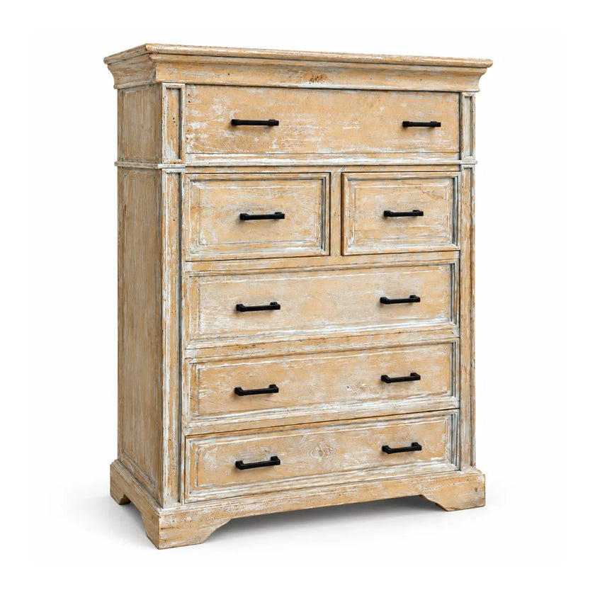 Kesara wooden chest of drawers with six drawers and black bar handles in a distressed whitewash finish