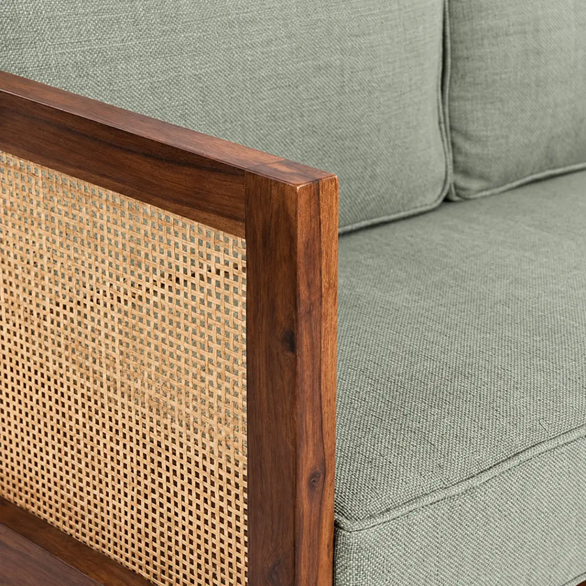 Kethra Solid Wood Two-Seater Sofa with Cane Armrests
