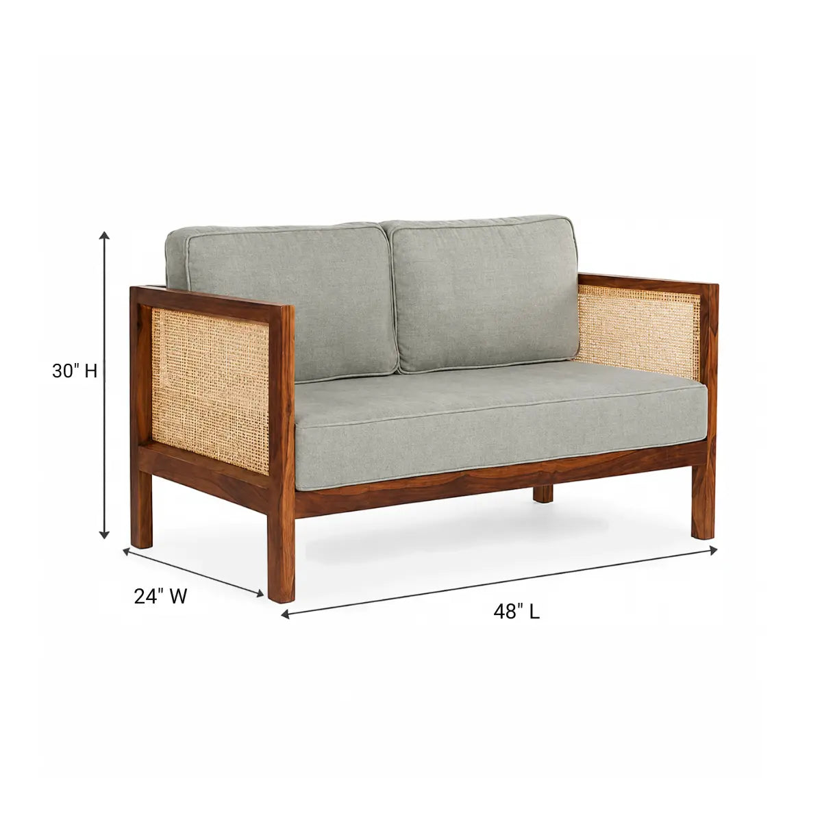 Kethra Solid Wood Two-Seater Sofa with Cane Armrests
