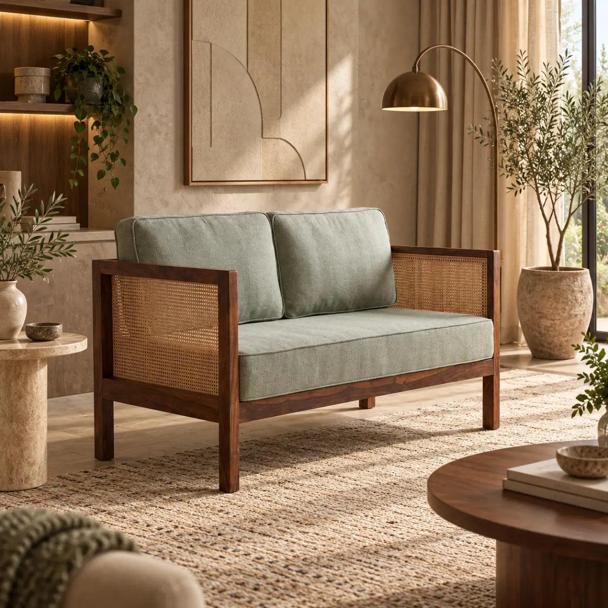 Kethra Solid Wood Two-Seater Sofa with Cane Armrests