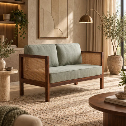 Kethra Solid Wood Two-Seater Sofa with Cane Armrests