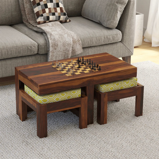 Khimsar sheesham rectangular chess board coffee table with 2 stools in a living room