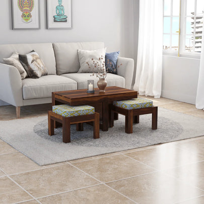 Khimsar sheesham coffee table set with 2 stools on a grey rug