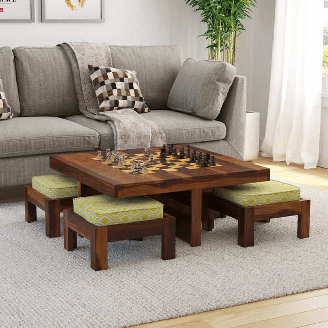 Khimsar sheesham square chess board coffee table with 4 stools in a living room