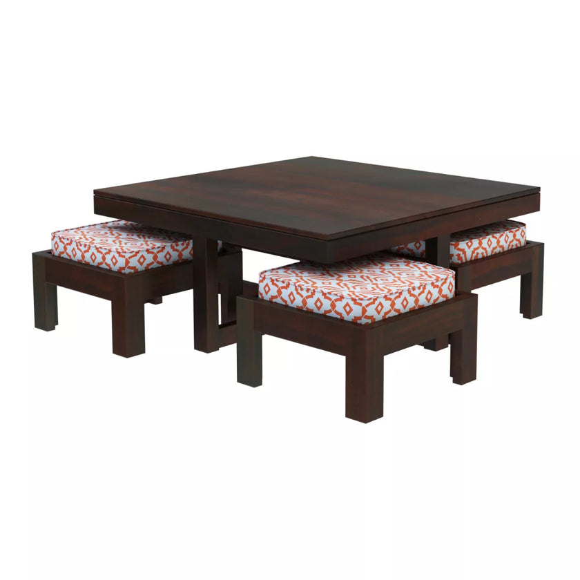 Khimsar dark teak square coffee table front view with stools tucked in