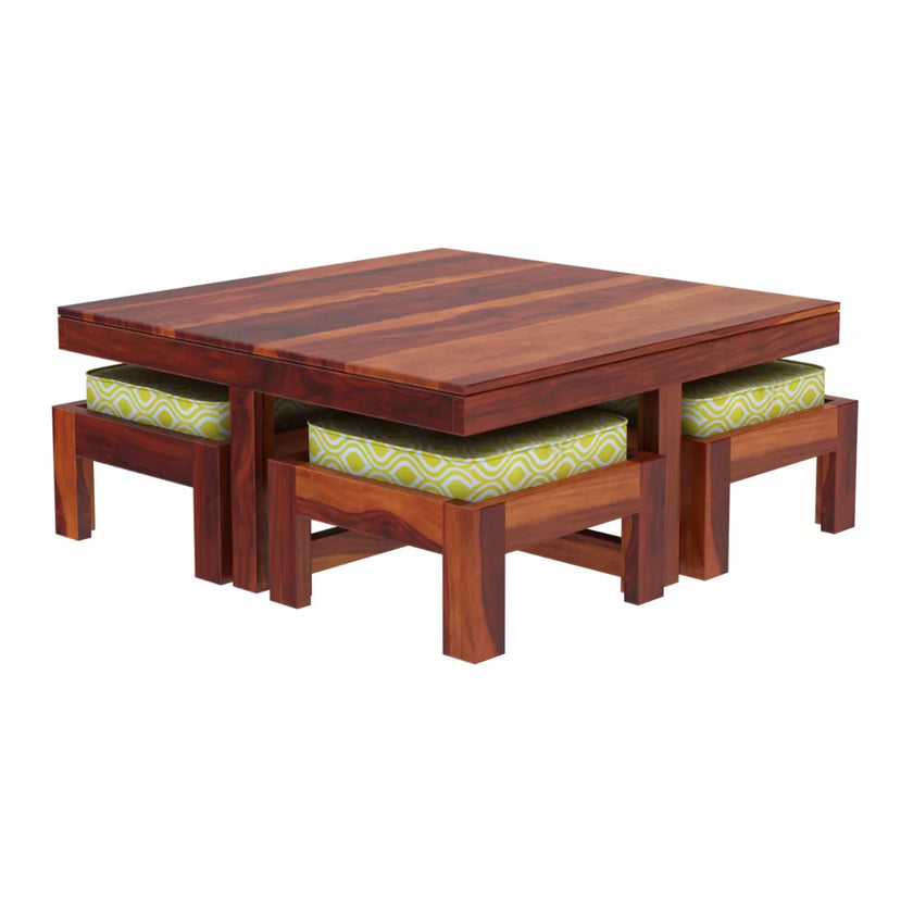 Khimsar square sheesham coffee table with 4 stools honey teak finish angle view