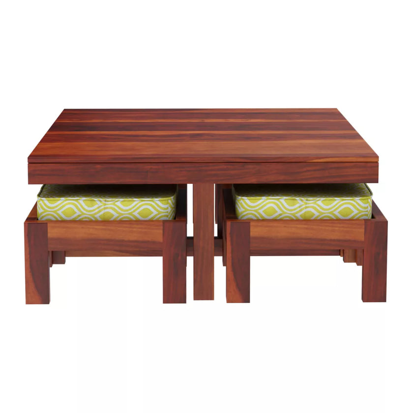 Khimsar square sheesham coffee table honey teak front view with stools tucked in