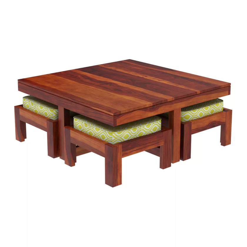 Khimsar square coffee table set honey teak side view