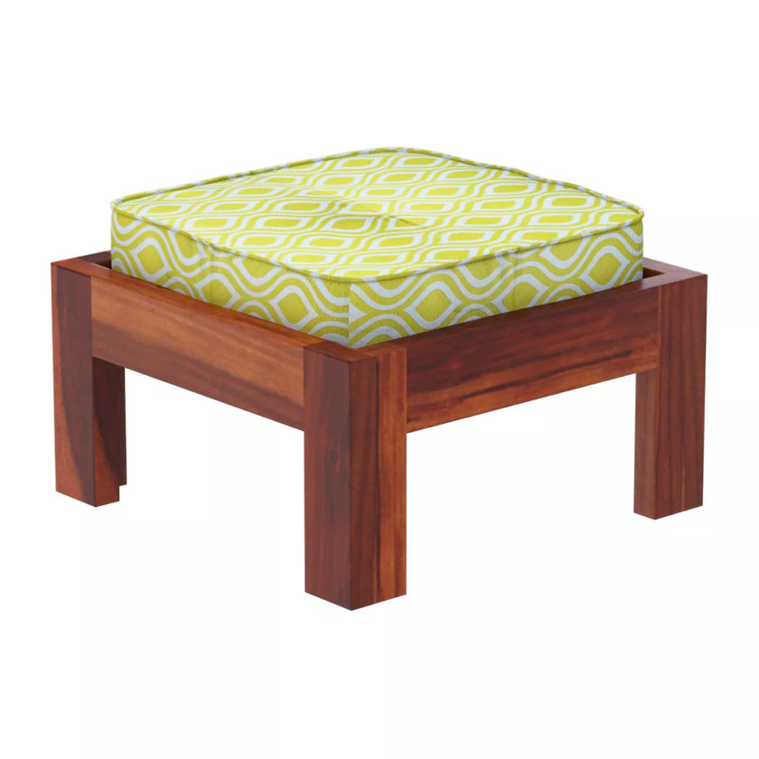 Khimsar sheesham stool in honey teak with green printed cushion