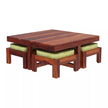 Khimsar honey teak square coffee table with stools pulled out