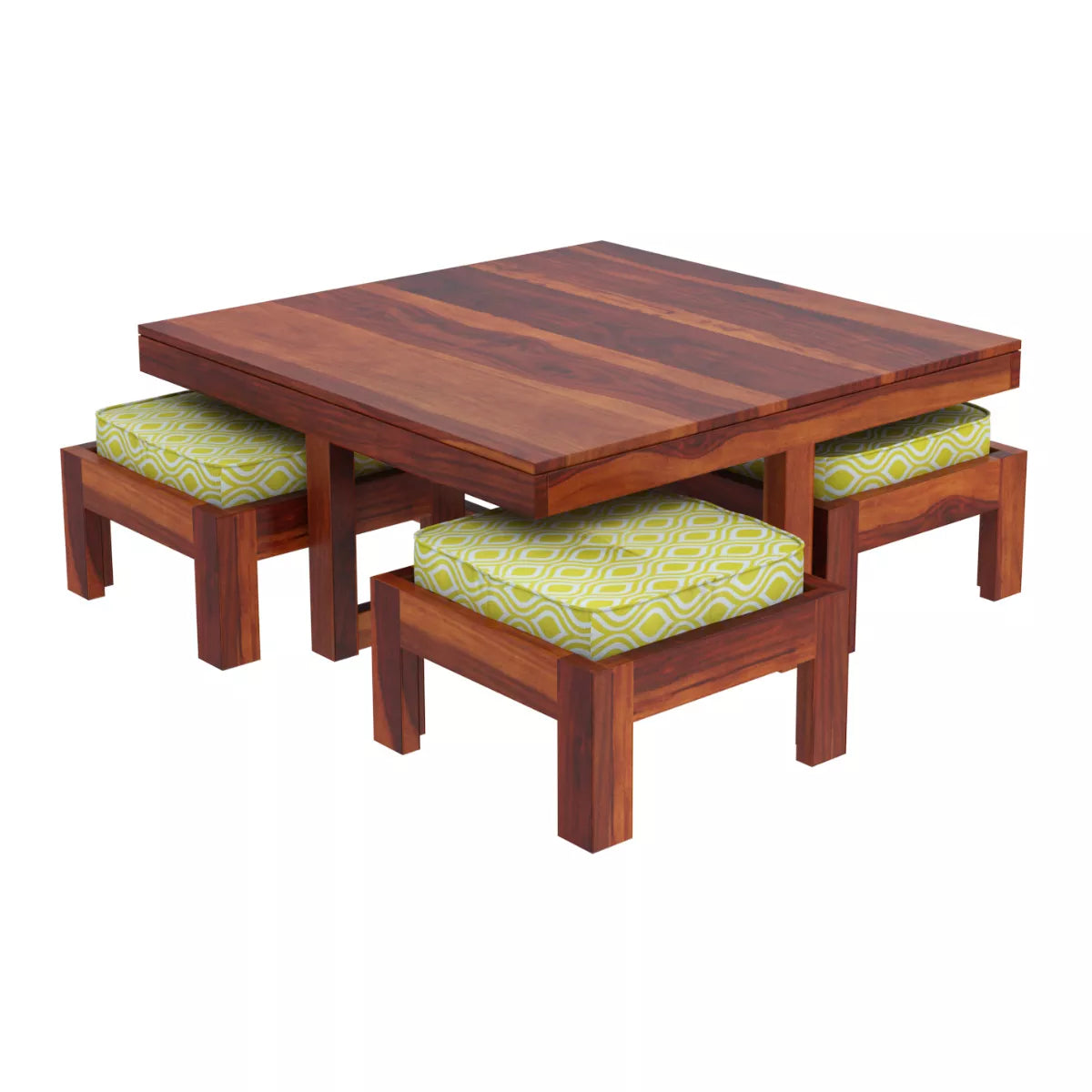 Khimsar honey teak coffee table with 4 green cushioned stools pulled out