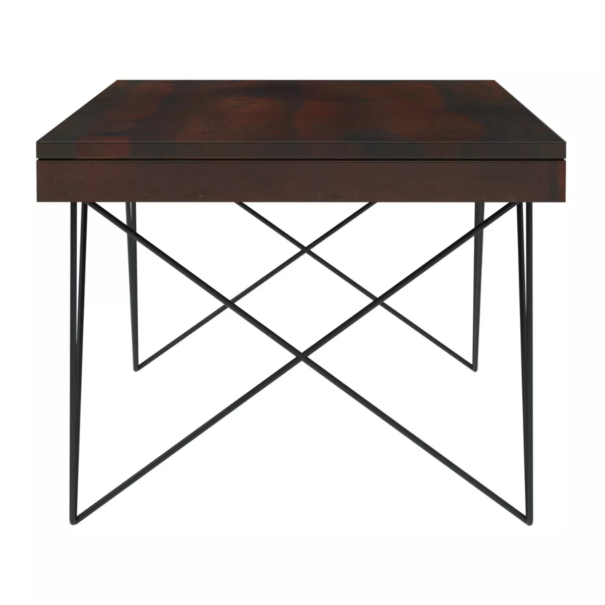 Kiana sheesham coffee table end view showing crossed metal legs