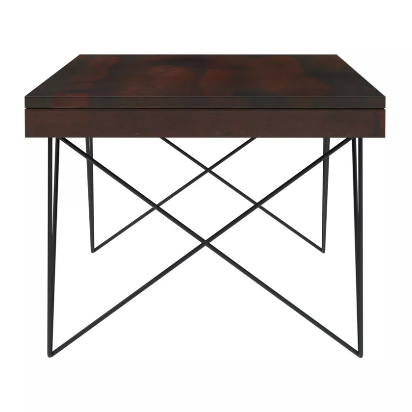 Kiana sheesham coffee table end view showing crossed metal legs