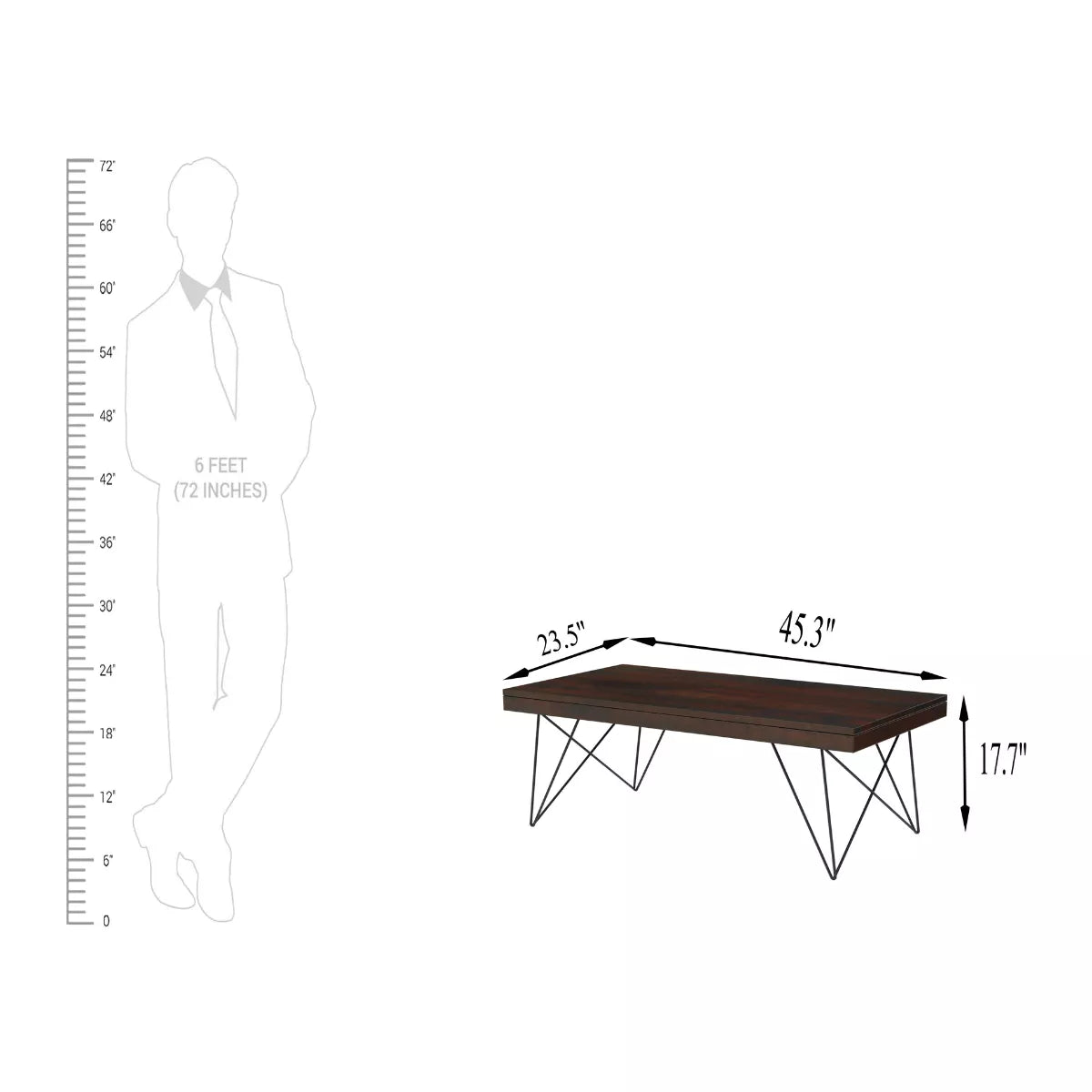 Kiana coffee table size chart with human scale reference